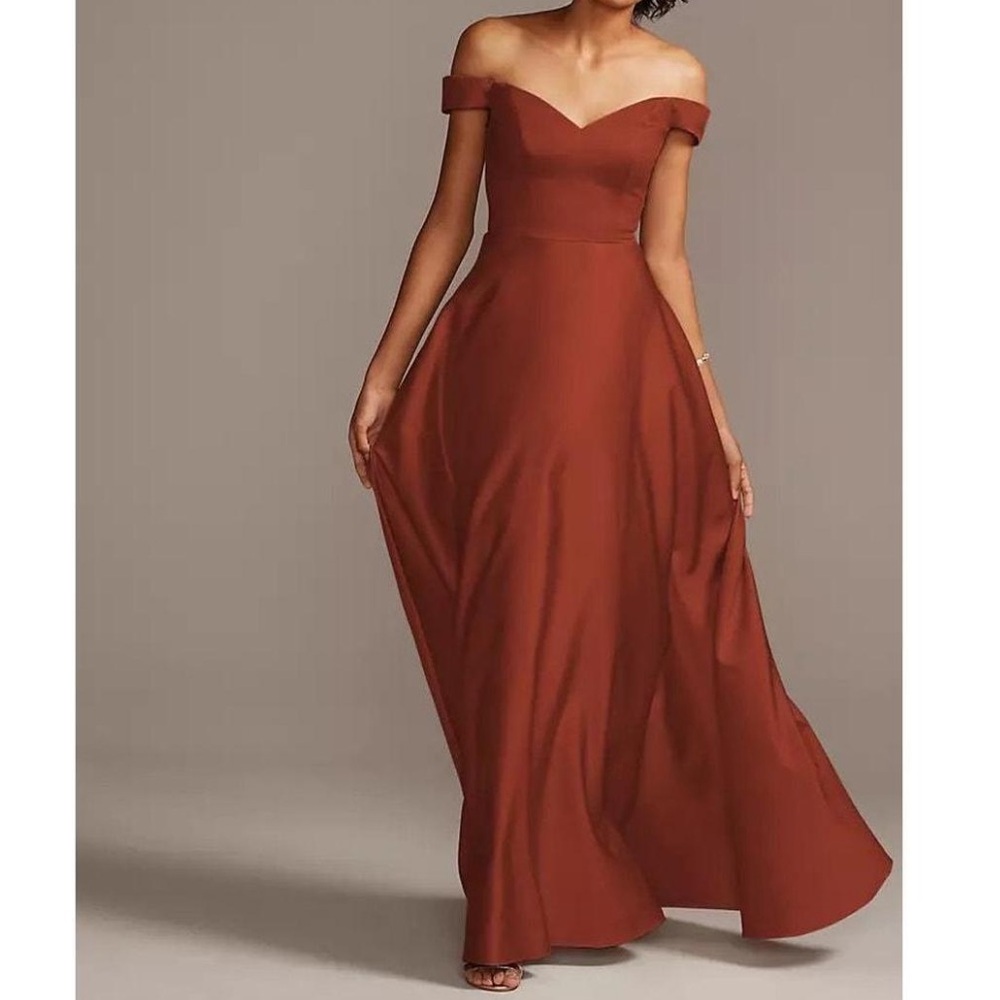 Off-Shoulder Cinnamon / Rust Satin A-Line Dress
